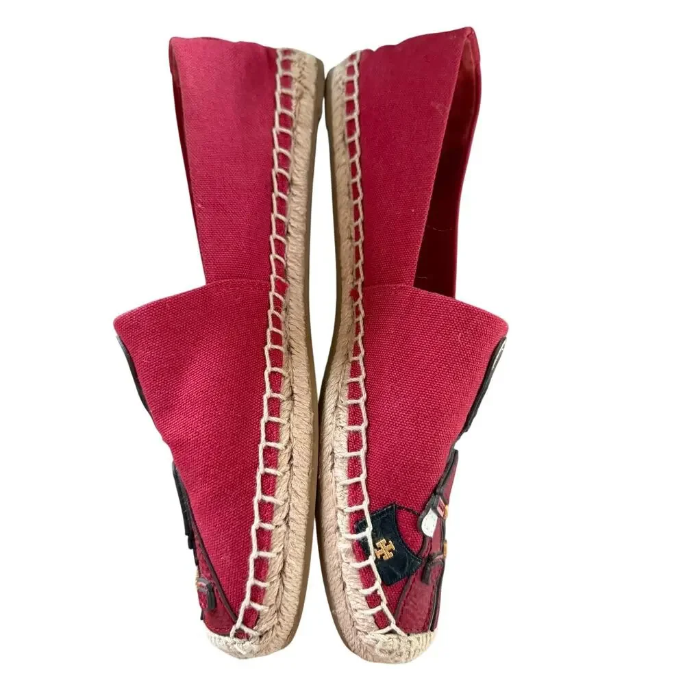 Tory Burch Tilly The Tiger Red Canvas & Leather Slip On Espadrille Flats